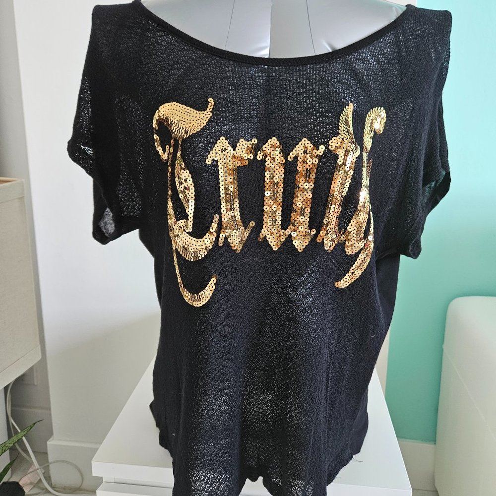 La Banga  beautiful Black with gold sequins shirt sheer Truth logo